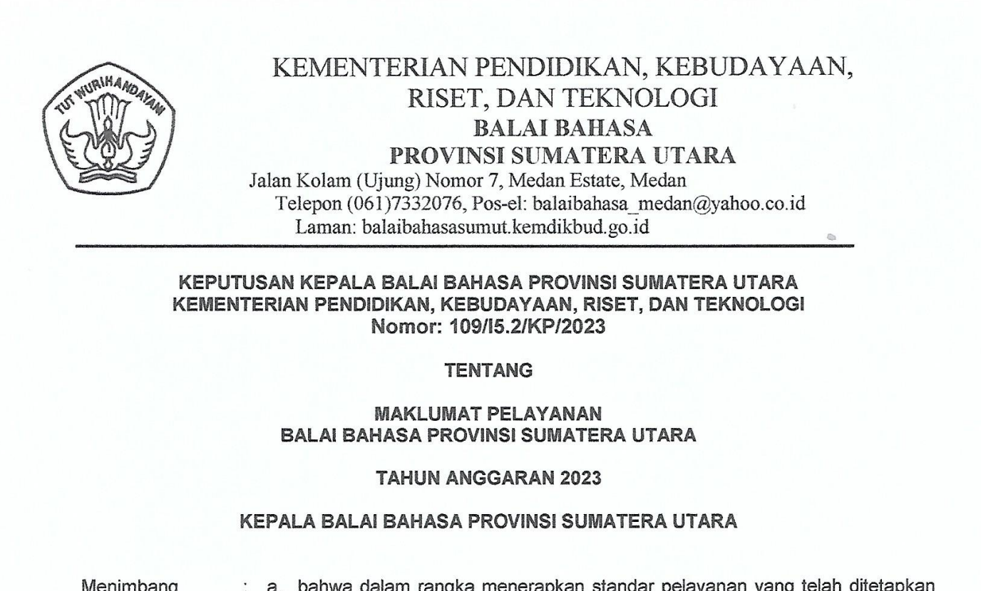 Maklumat Pelayanan Balai Bahasa Provinsi Sumatera Utara T.A. 2023